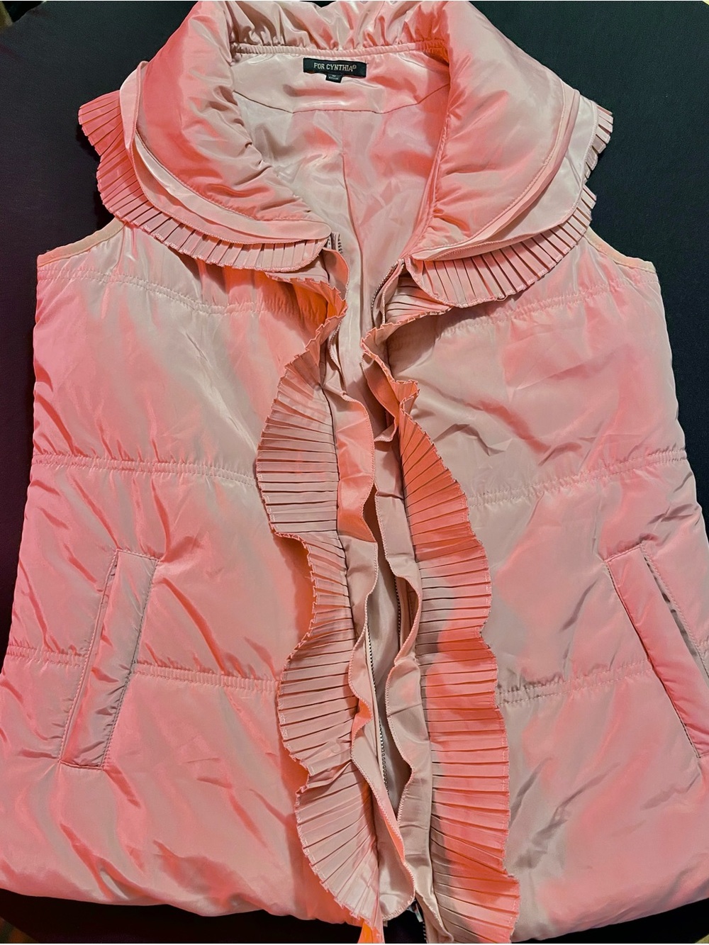 For Cynthia Pink Ruffled Puffer Vest. Medium